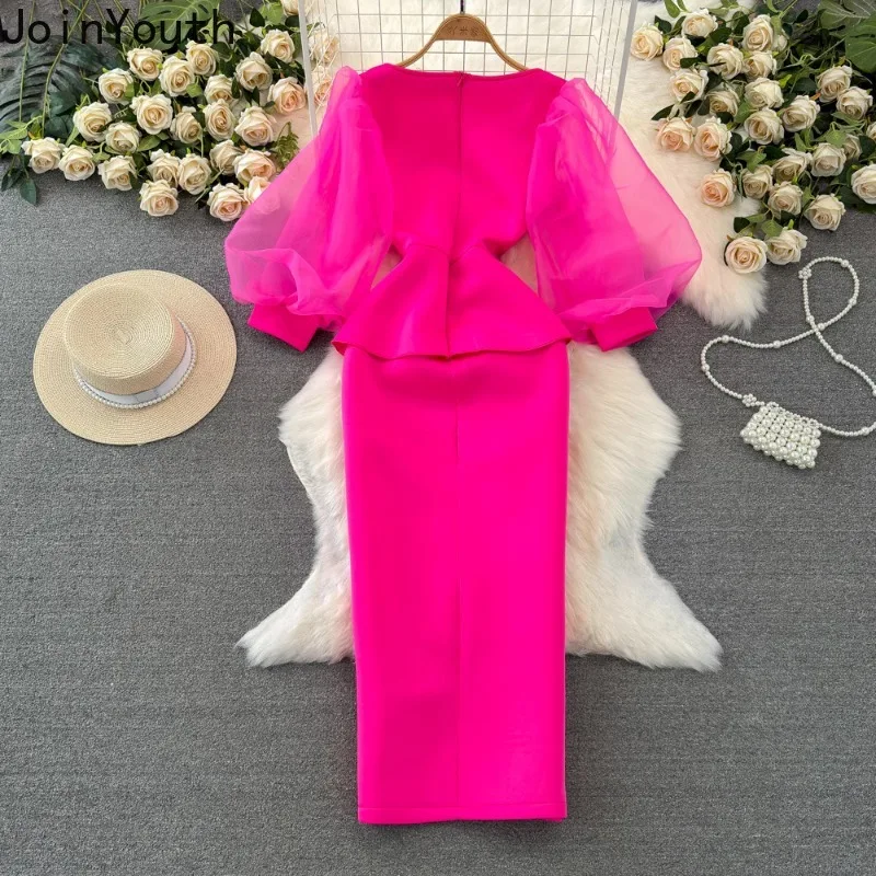 Temperament Robe Femme Party Dresses for Women Gauze Lantern Sleeve Square Collar Beading Split Dress 2024 Vestidos De Mujer