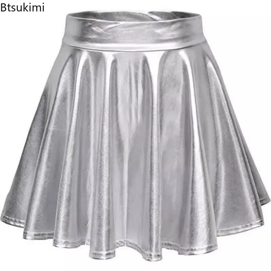 2026 Women's Sexy Sparkly Mini Skirts High Waist Party Dance Shiny Holographic Skirts Harajuku Gothic Metallic Pleated Y2k Skirt