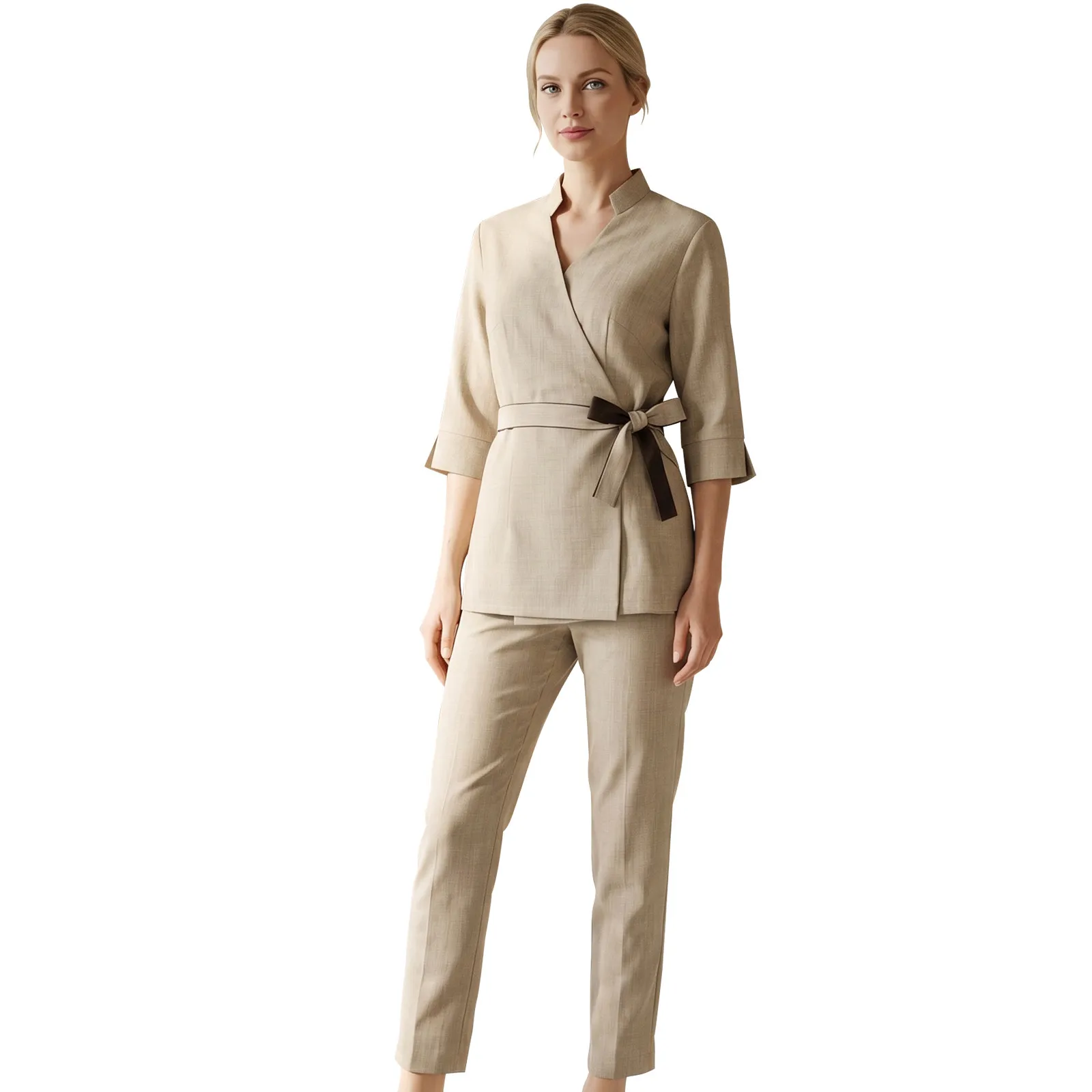 1set-beauty-salon-uniform-two-pieces-cotton-long-sleeve-working-clothes-beige-size-fashionable-beautician-costume-for-women