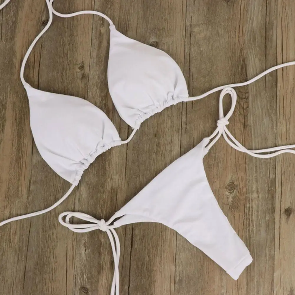 Maillot de bain deux pièces pour femmes, ensemble bikini, solide, dos nu, bretelles, culotte tanga, vêtements de plage, sexy