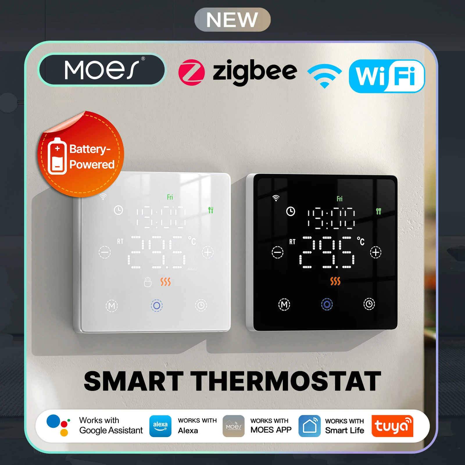 

MOES Tuya WiFi/ZigBee Thermostat, Alexa & Google Home Compatible, Battery-Powered, Smart Temperature Controller for Gas Boiler