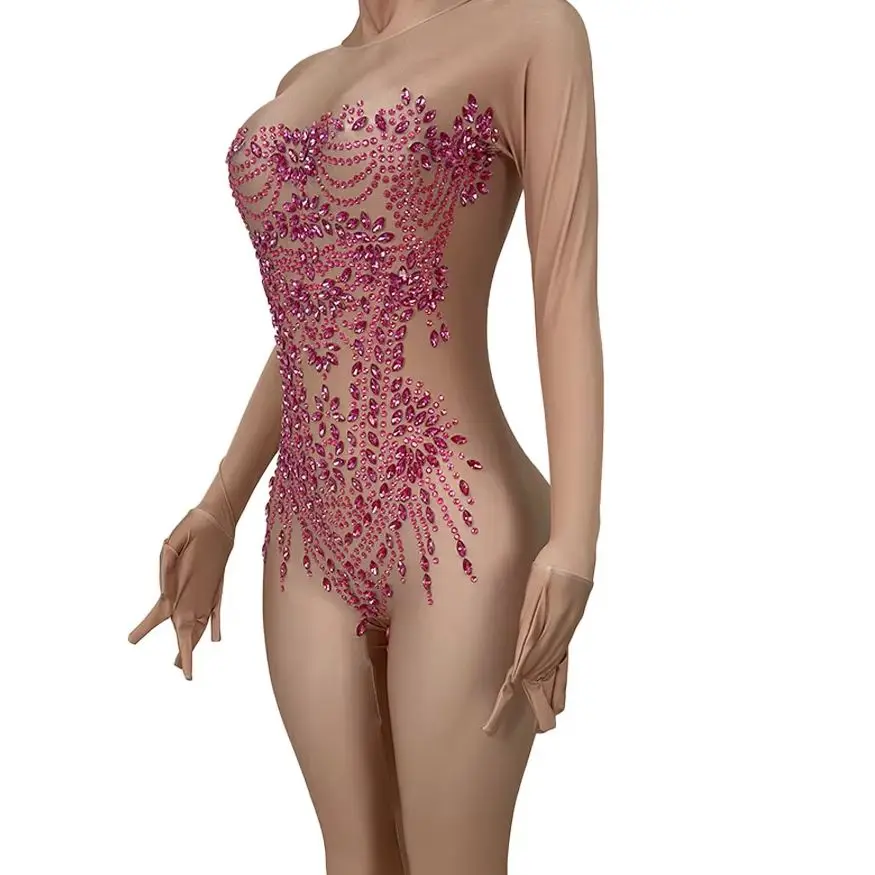 

Сексуальный женский эластичный облегающий блестящий комбинезон со стразами и кристаллами, полный перчаток, клубный танцевальный наряд, одежда для ночной вечеринки, шоу Zhubao