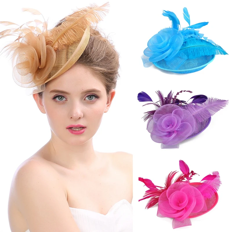 Casamento cocktail chá festa headwear feminino floral grampo de cabelo elegante fascinadores bonés malha flor pena boné ano novo moda