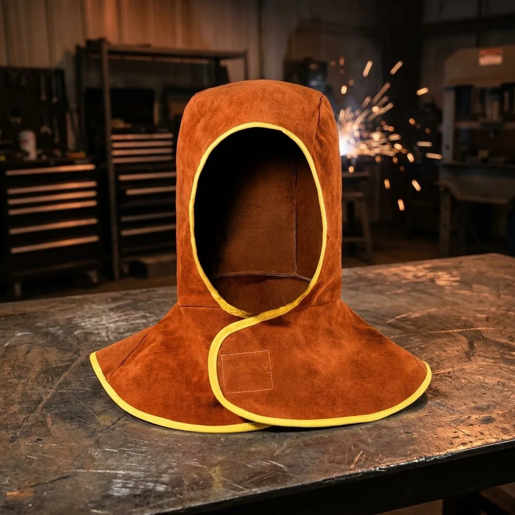 Welding Hood for Welder Cap Built with Cowhide Leather and Extended Neck Shoulder Drape for Full Body Flame Protection