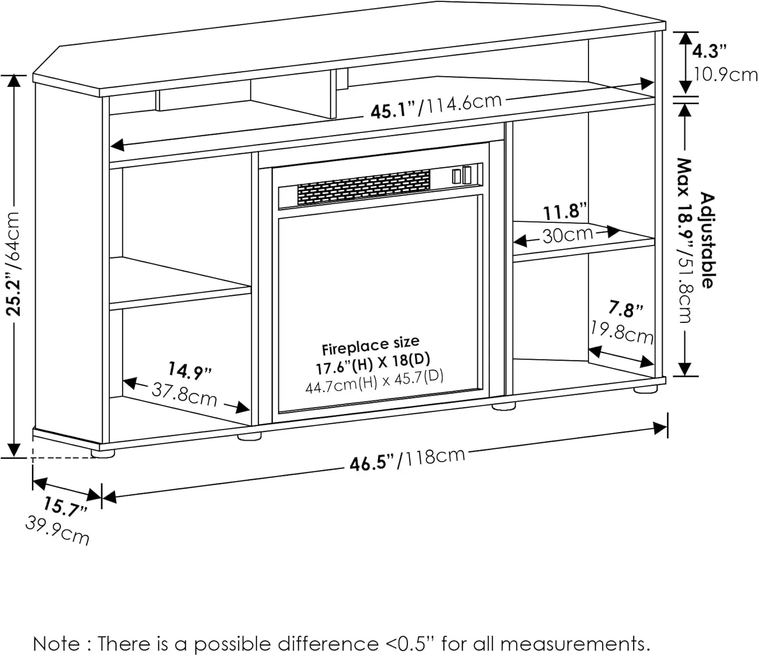 TV Stand with Fireplace for TV up to 55 Inches, French Oak Grey