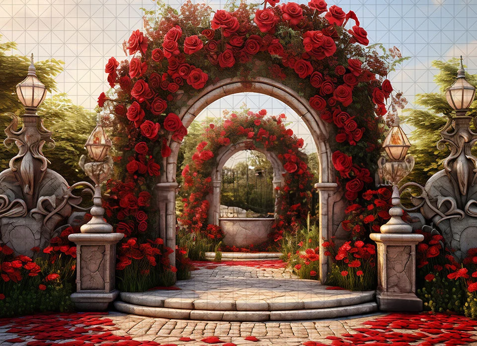 

Valentines Day Rose Garden Flower arch door backdrops High quality computer print wedding Photography Studio Backgrounds