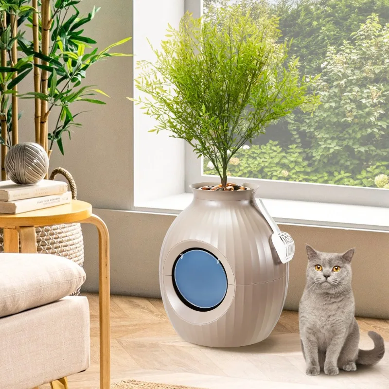 

Cat Litter Box Enclosure Hidden Style with Artificial Plants, Plasma Sterilization System & LED Light Strip