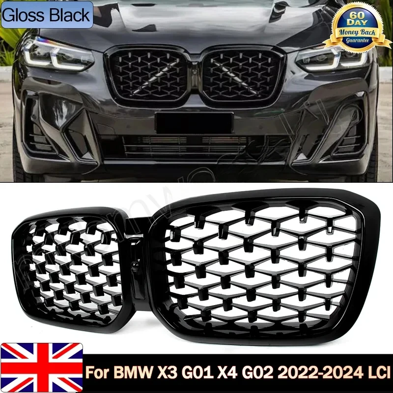 

For BMW 2022 2023 X3 X4 G01 G02 Diamond Style Gloss Black Front Kidney Grill Grille