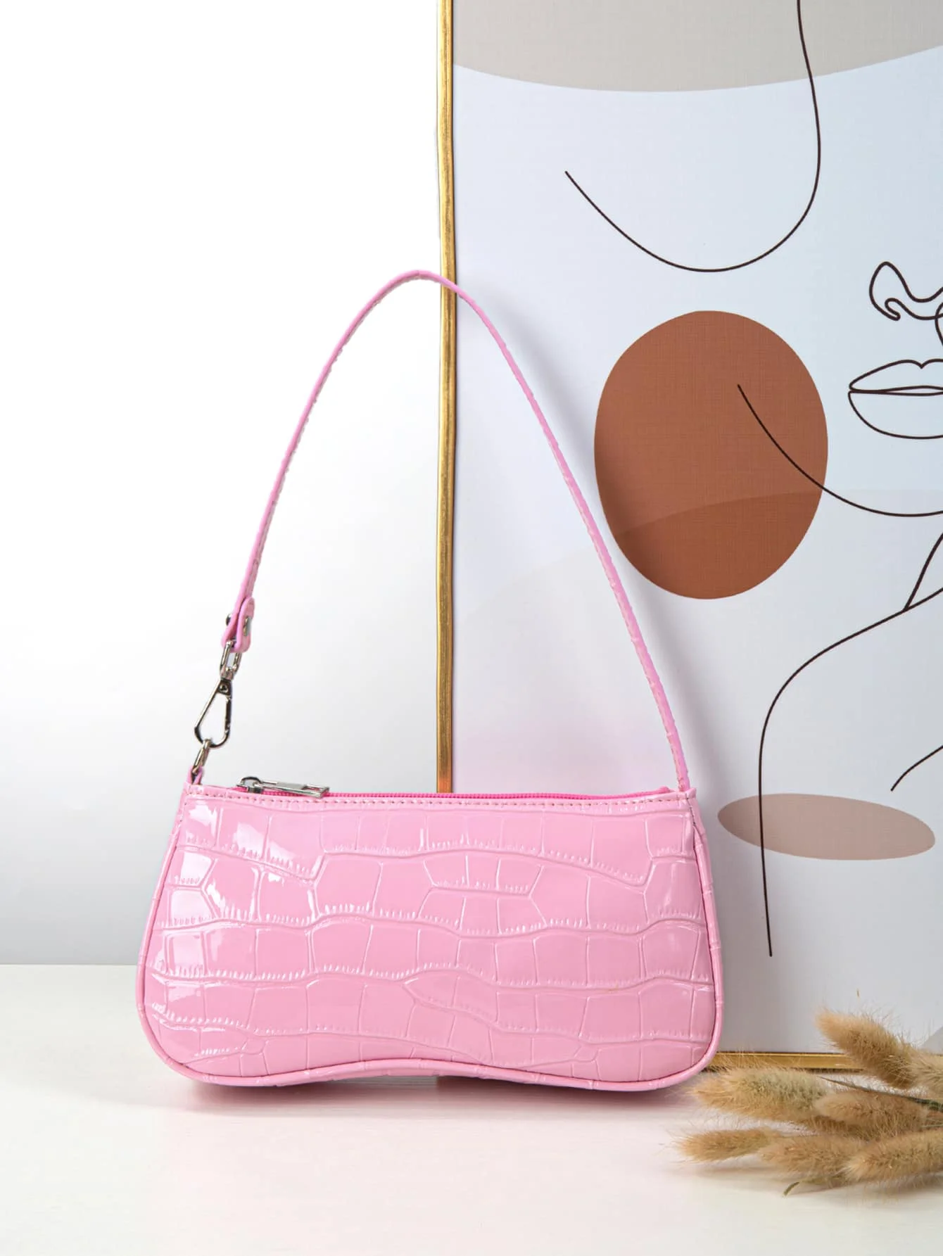 

Pink Patent Croc-Embossed Mini Shoulder Bag for Daily Wear