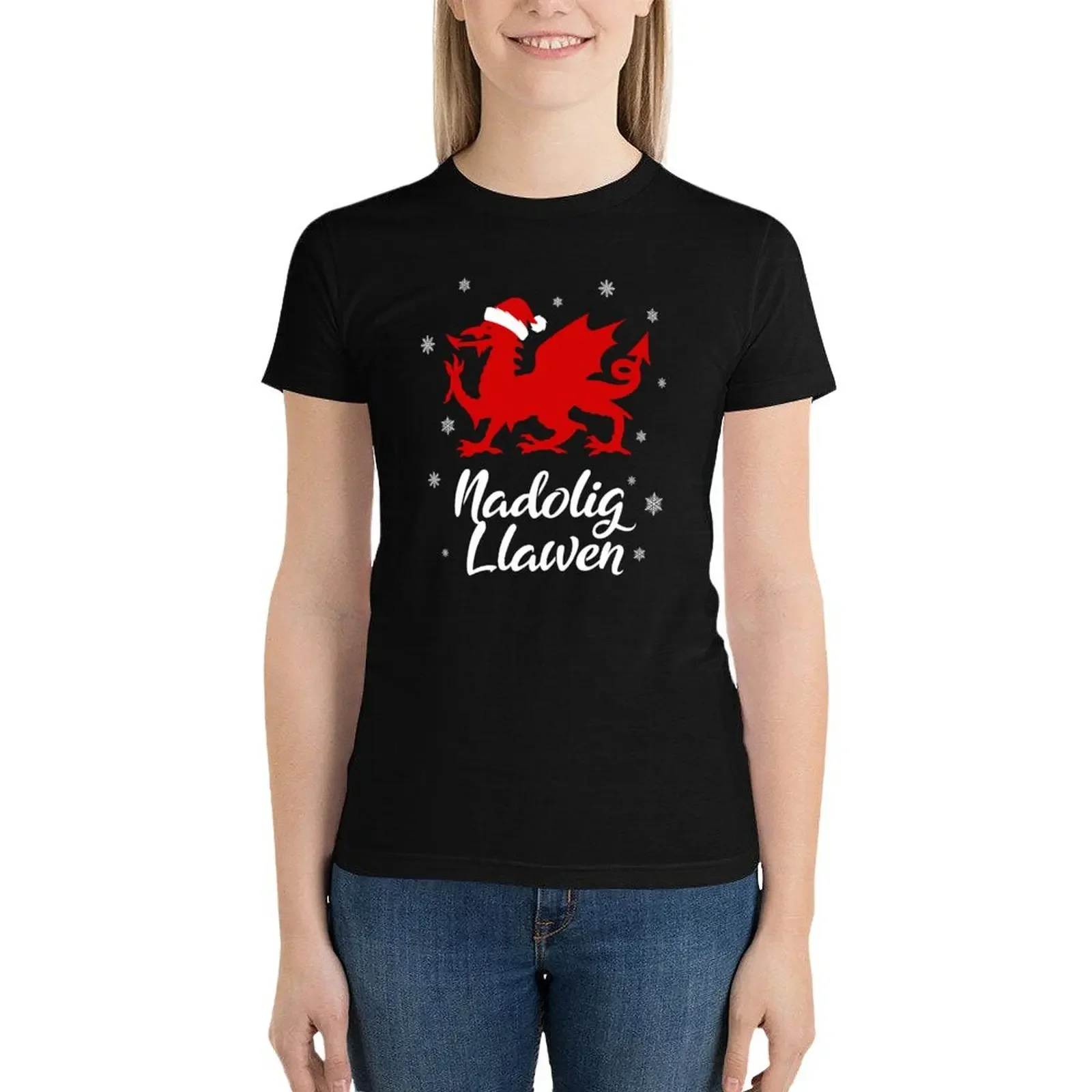 

Nadolig Llawen Wales Welsh Cymru Merry Christmas Dragon T-Shirt tops Female clothing anime clothes Women's tops