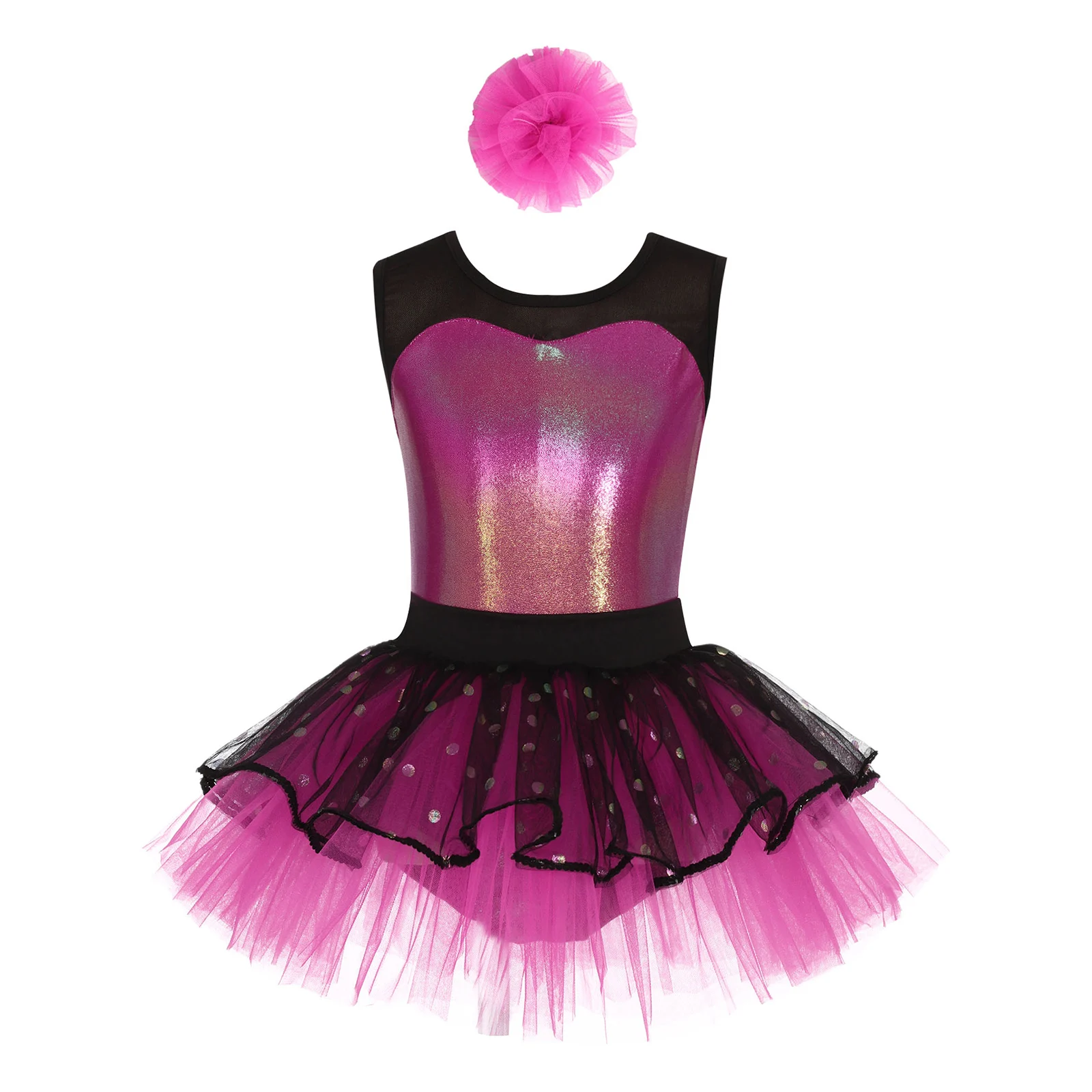 

Kids Girls Ballet Dress Sleeveless Sheer Mesh Patchwork Metallic Bodice Tutu Dress+Headwear Set Childrens Day Jazz Dance Costume