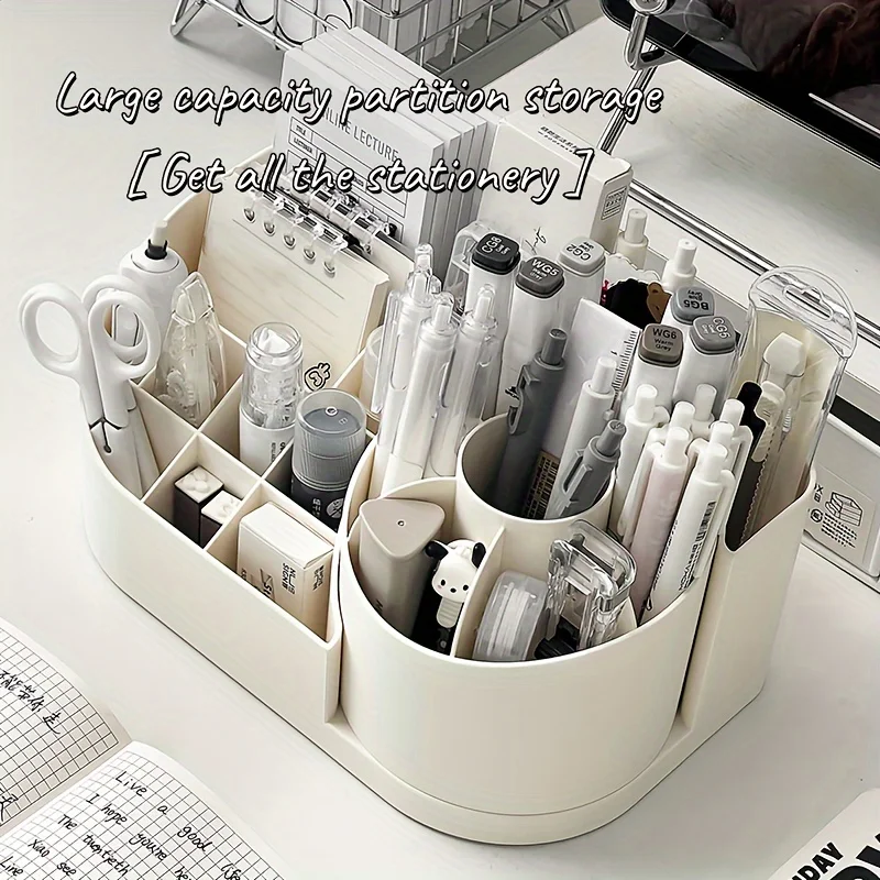 1pc Multi-Functional 2-in-1 Desk Organizer with 360-Degree Rotating Pen Holder, Large Capacity Plastic Storage Caddy for Office