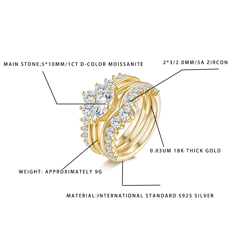 

Женский комплект колец из 3 предметов с муассанитом цвета D диаметром 1 карат, серебро S925, позолота 18 карат с акцентами циркона, роскошный свадебный помолвка
