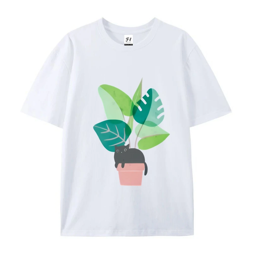 Koszulka z kotem w doniczce, uroczy zwierzak, grafika, luźna, z krótkim rękawem, słodka, miękka, wygodna, codzienna odzież, topy.