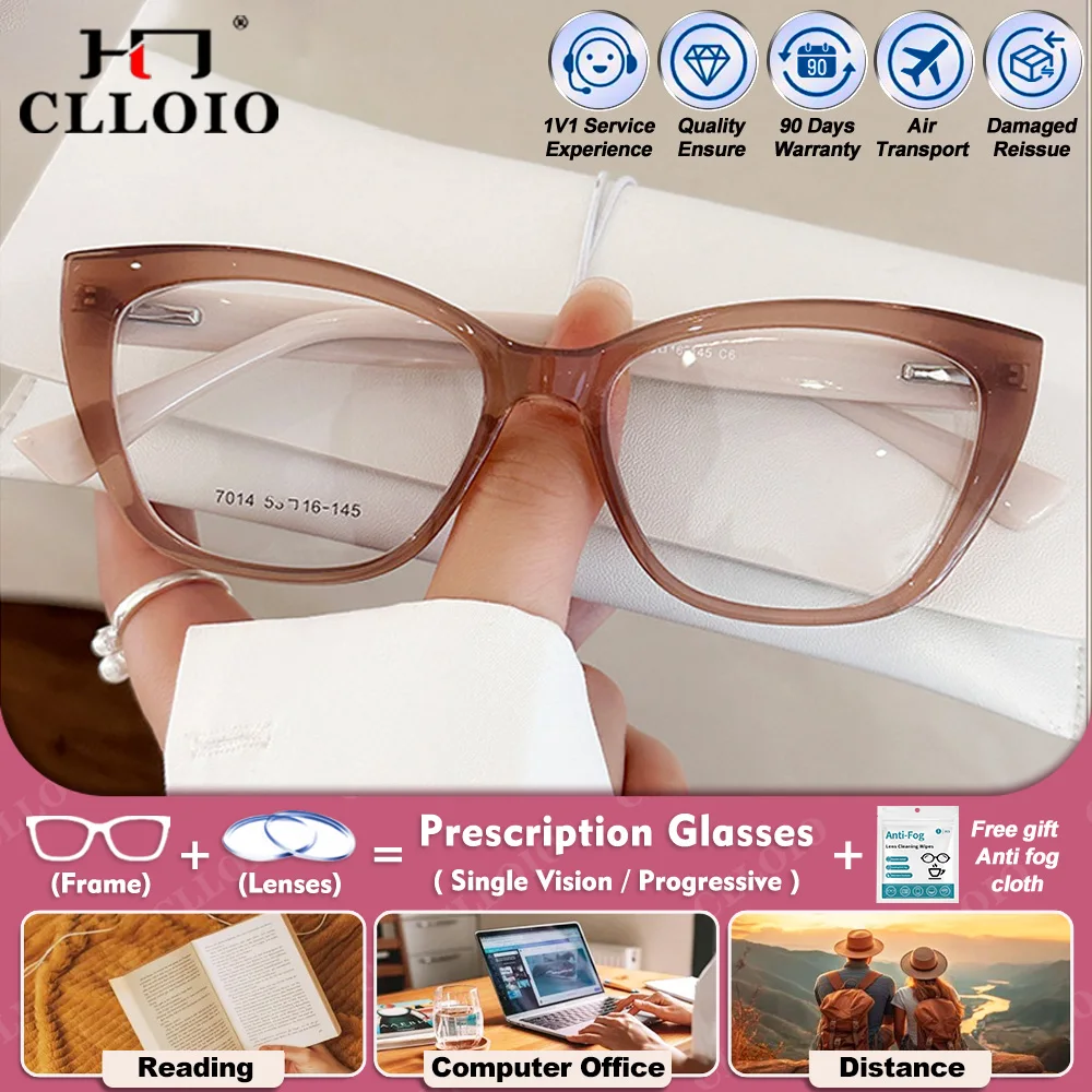 

CLLOIO Simple Cat Eye Design Anti Blue Light Prescription Glasses Lady Photochromic Myopia Optical Progressive Office Eyeglasses