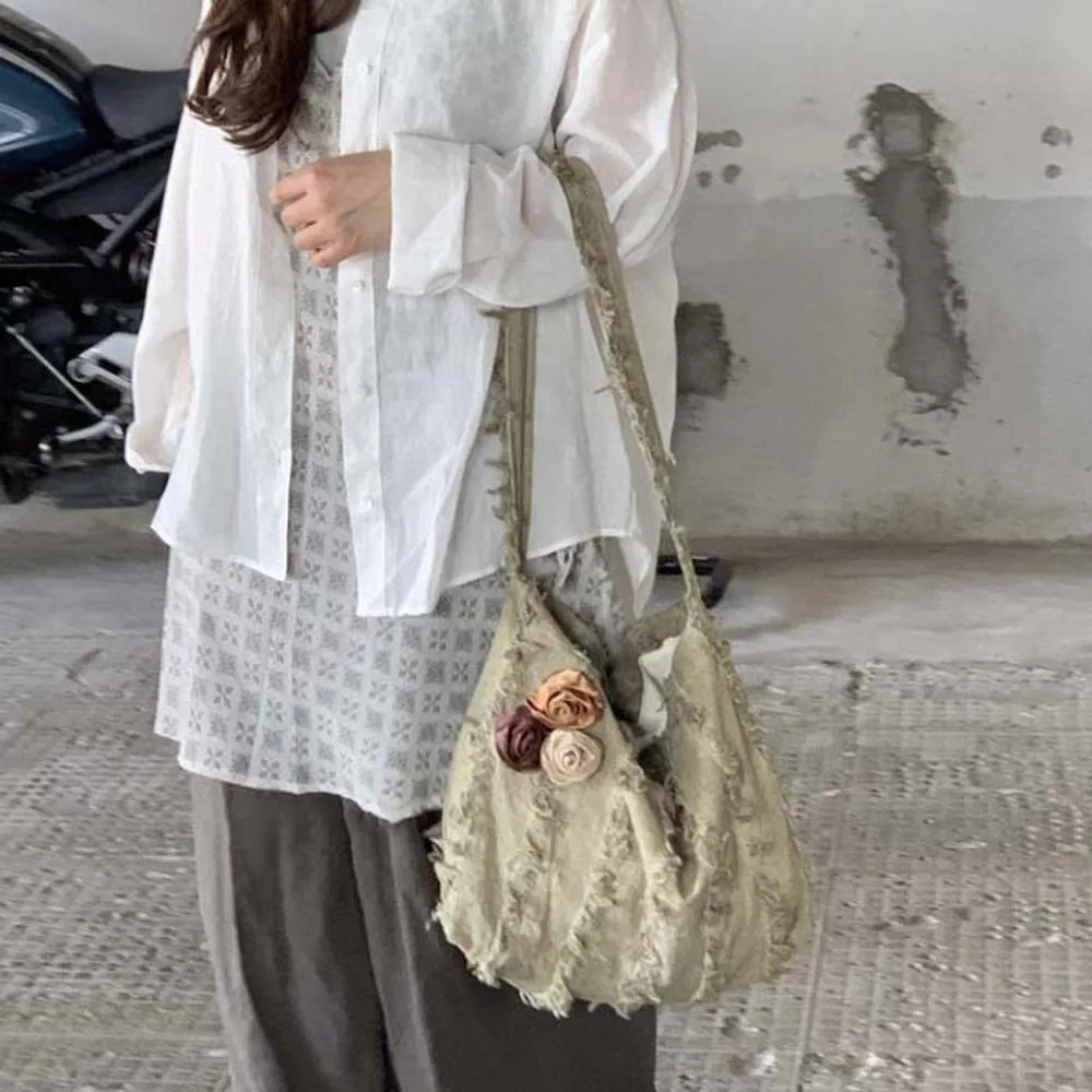 

Large Capacity Linen Jacquard Tote Bag Korean Style Cotton Bag Decorated with Roses Lightweight Polyester Flax Raw Edge Bag
