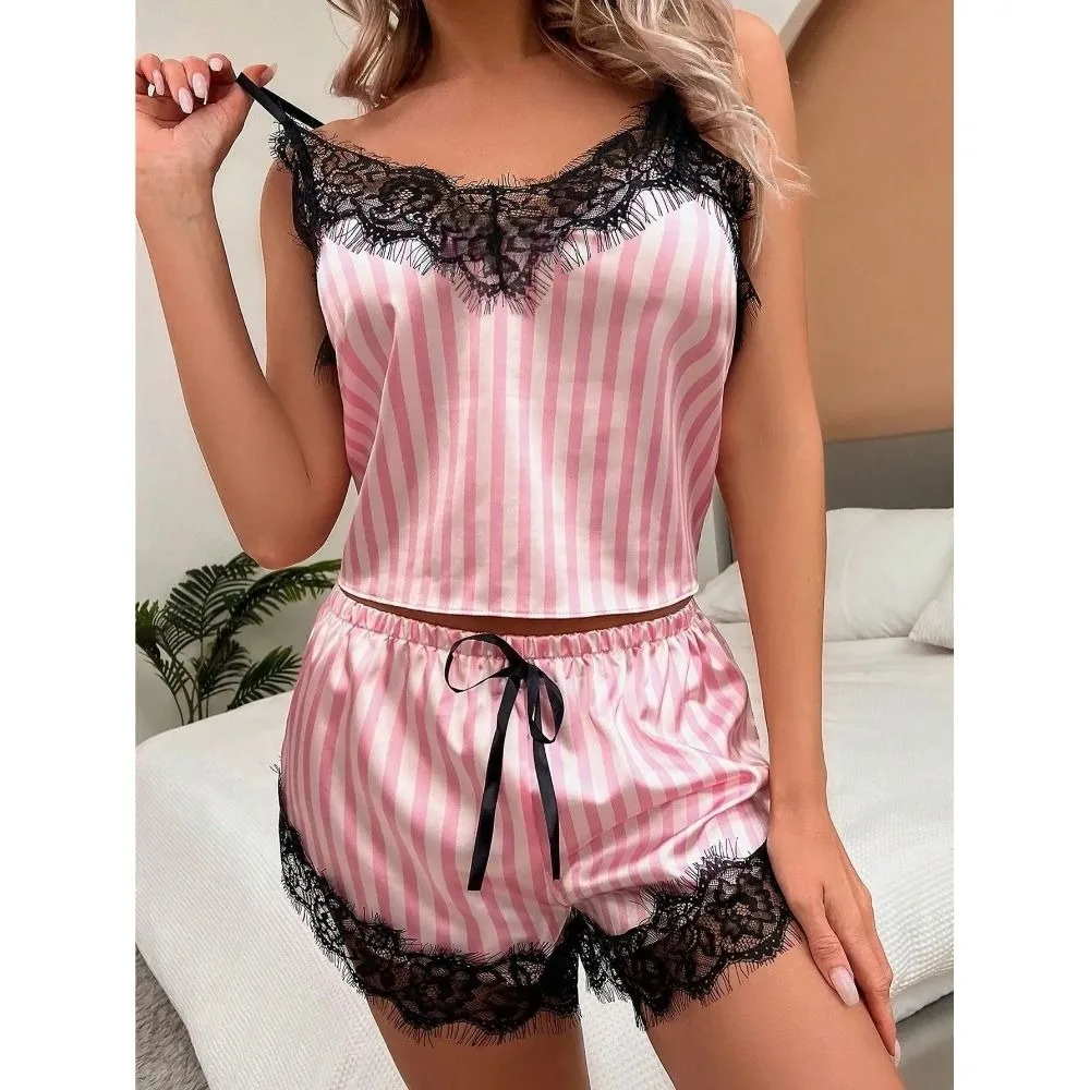 

2pcs Trendy Breathable Womens Pajama Set Pink Striped V Neck Sleepwear Satin Sleeveless Lace Sexy Lingerie Summer