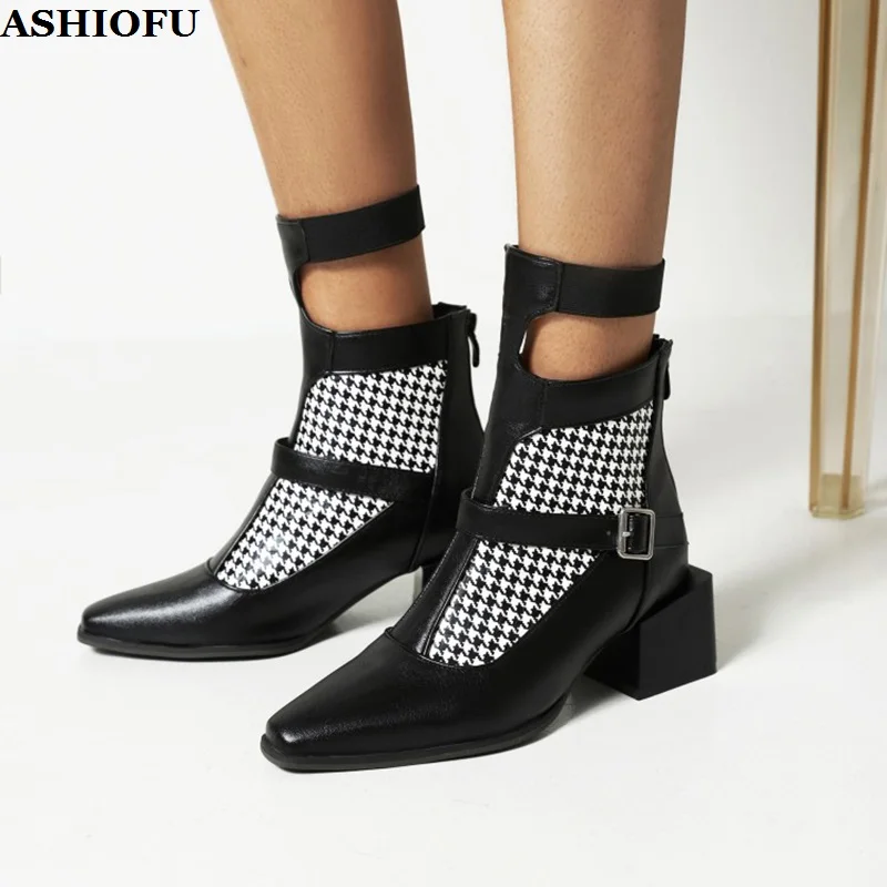 

ASHIOFU Handmade Hot Sale New Arrival Ladies Chunky Heels Ankle Boots Buckle Strap Large Size 34-47 Evening Fashion Winter Shoes