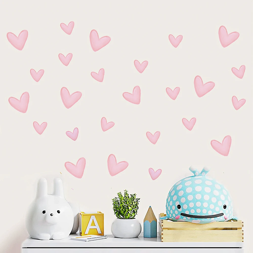 60pcs=6 Sheets Pink Heart Wall Stickers Big Small Hearts Art Wall Decals for Children Baby Girls Room Nursery Wallpapers Decor