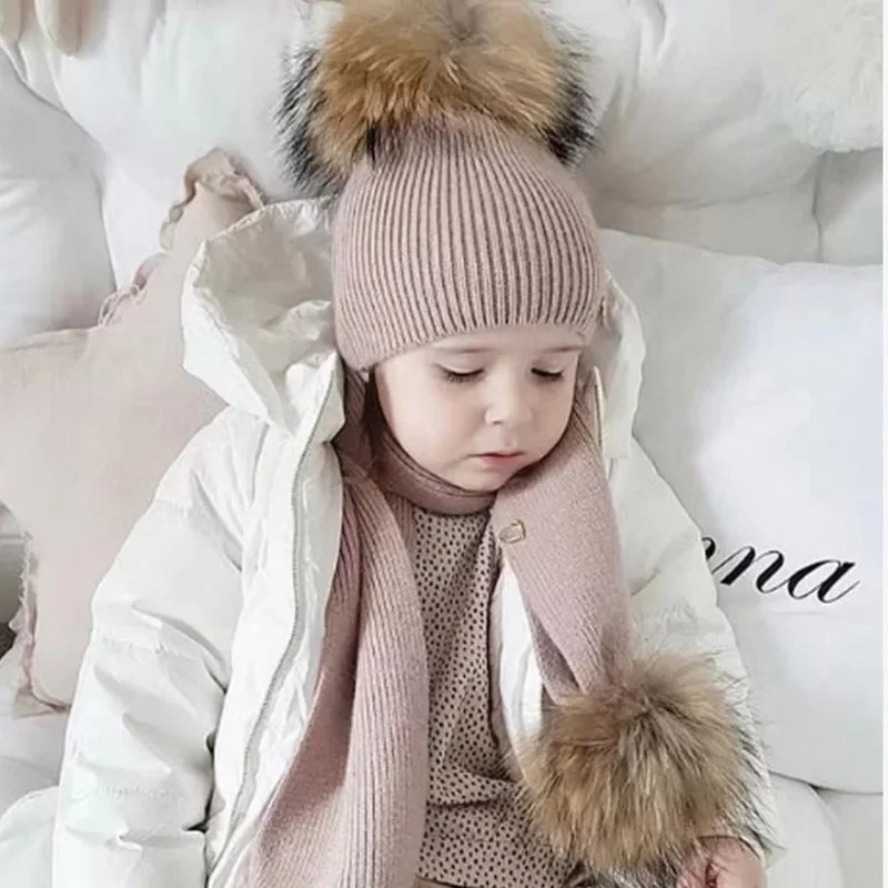 Ins Spanish Children's Rabbit Velvet Warm Hat Real Raccoon Fur Ball Hat 1-8 Years Old Baby Photography Props Girls Winter Hats