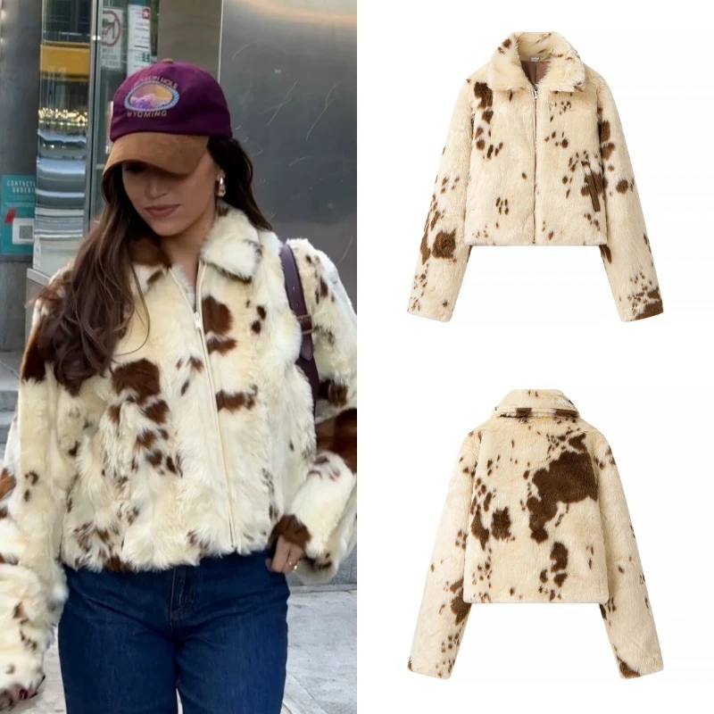 Animal Print Zipper Faux Pelz Jacke Kurze Schlanke Plüsch Mantel Winter Lange Ärmel Pelzigen Jacken frauen Zip-up revers Flauschigen Top Neue