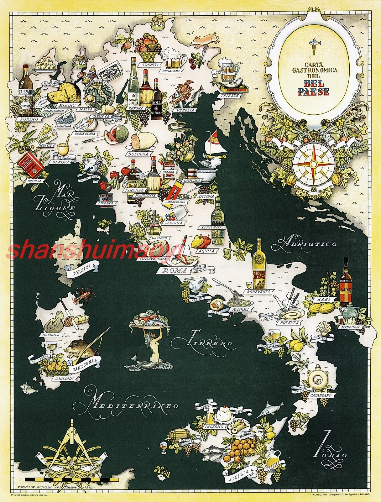 Retro Metal Tin Sign Gourmet Map of Italy Gastronomical Cuisine Food Italian Regions Sign for Outdoor & Indoor Wall Post SHANSUI