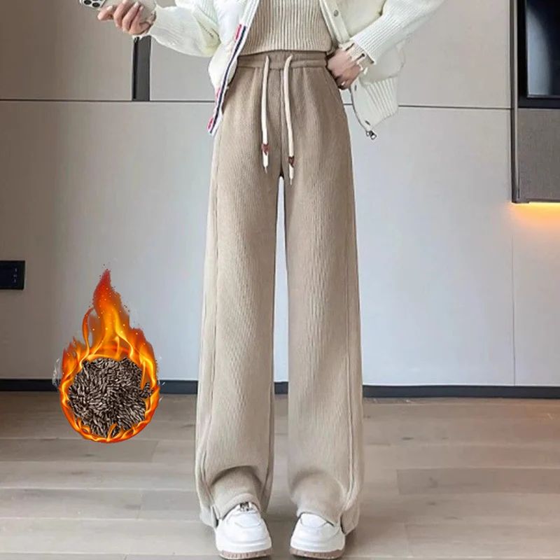 Winter Girls Snow Warm Velvet Thicken Pants Lady Retro Fashion High Waist Trousers Women Korean Solid Fleece Thermal Pants