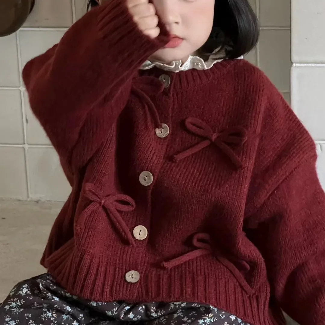 

2024 Autumn Children's clothes Red Sweater for girls Jacket Knitted Cardigan
