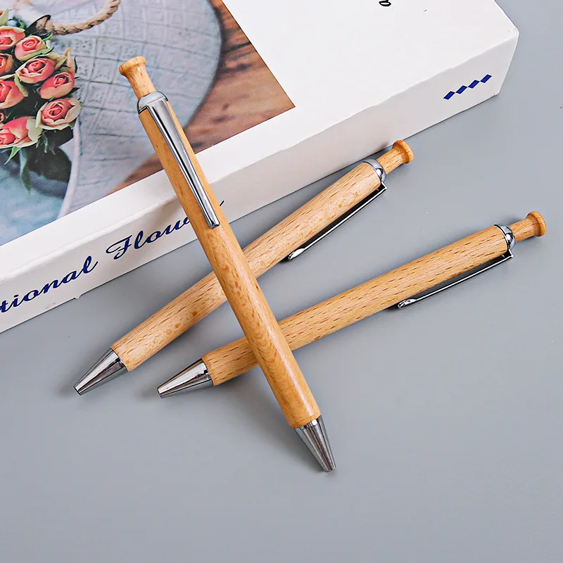 100 قطعة من قلم حبر جاف من خشب الخيزران مع مشبك معدني - قلم كروي خشبي من النوع الكلاسيكي