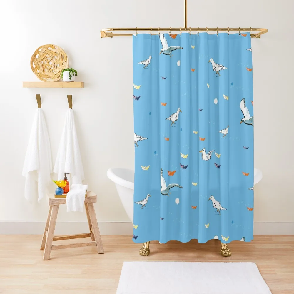 

Holiday at the sea. Gulls and paper boats. Shower Curtain Shower For Bathroom Set Waterproof Fabric Shower Curtain