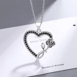 S925 Sterling Silver Heart Shape Rose Black Zirconia Pendant Necklace (40cm +5.0cm) Luxury Jewelry