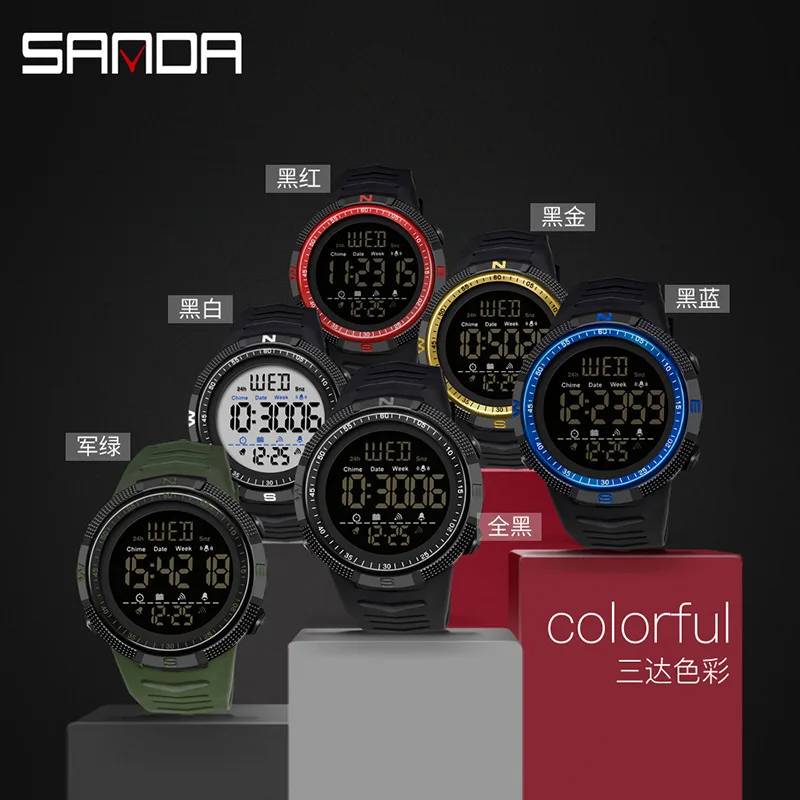 SANDA 6014, спортивные мужские часы на открытом воздухе, модный резиновый ремешок, водостойкий электронный механизм, большой цифровой циферблат, режим будильника, наручные часы