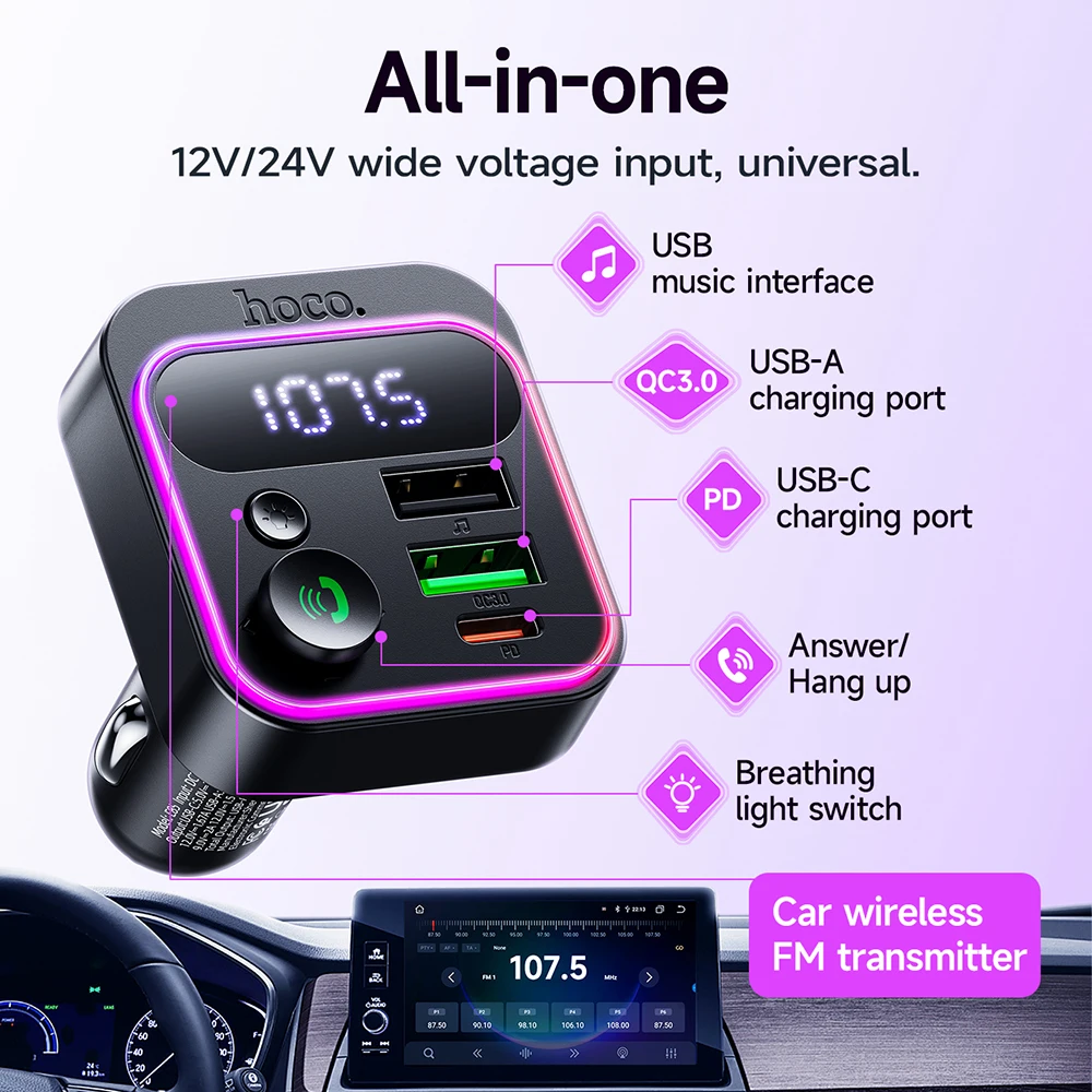 Ładowarka samochodowa HOCO PD20W QC3.0 z Bluetooth 5.4, transmiter FM, oświetleniem RGB, odtwarzaniem z dysku USB i zestawem głośnomówiącym do muzyki i audio. — zdjęcie produktu 5