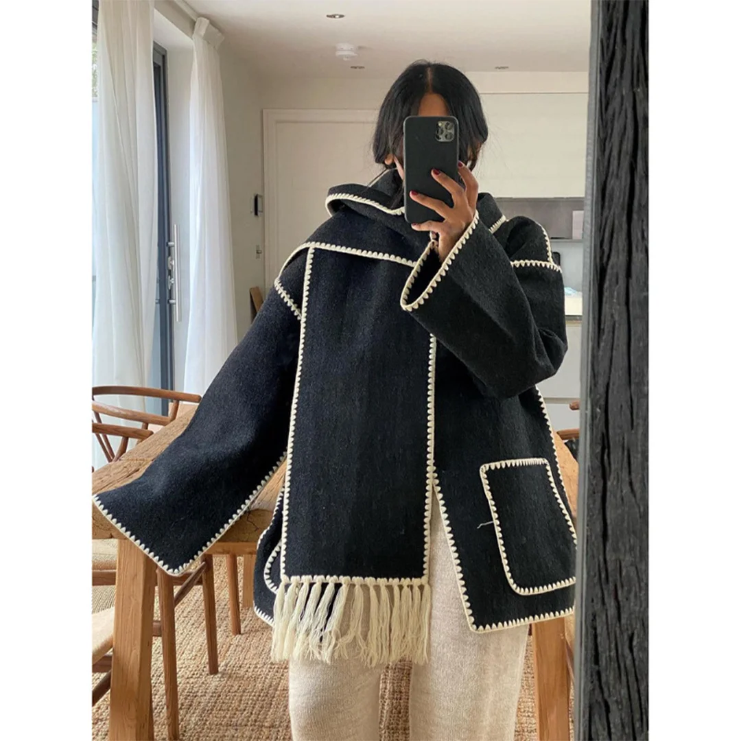 

Женское короткое шерстяное пальто со встроенным шарфом на осень/зиму, свободная верхняя одежда из шерсти