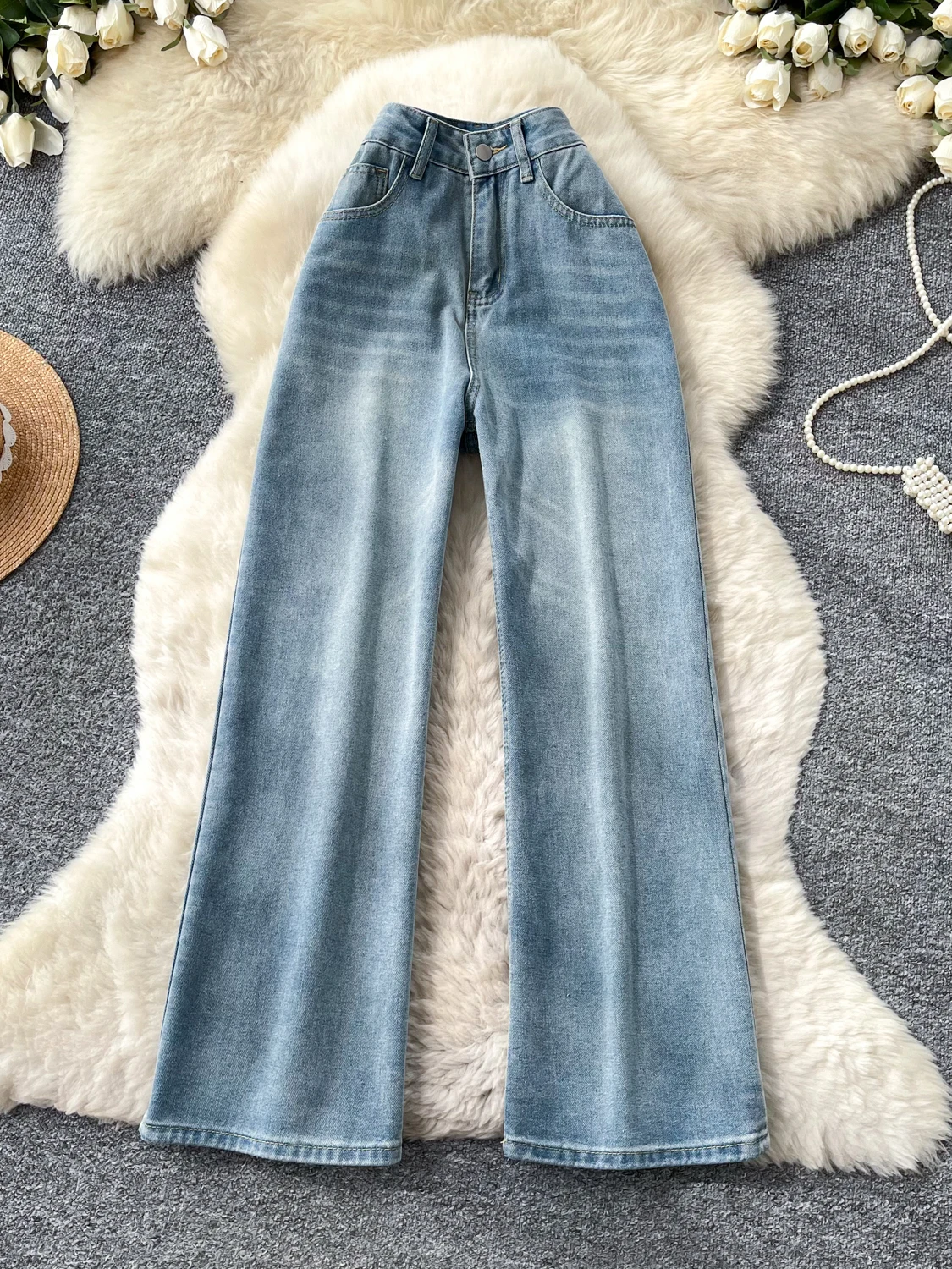 

Джинсы с высокой талией в американском стиле ретро, широкие брюки для женщин, свободные, стройнящие, универсальные, длинные брюки для повседневной носки, весенний сезон