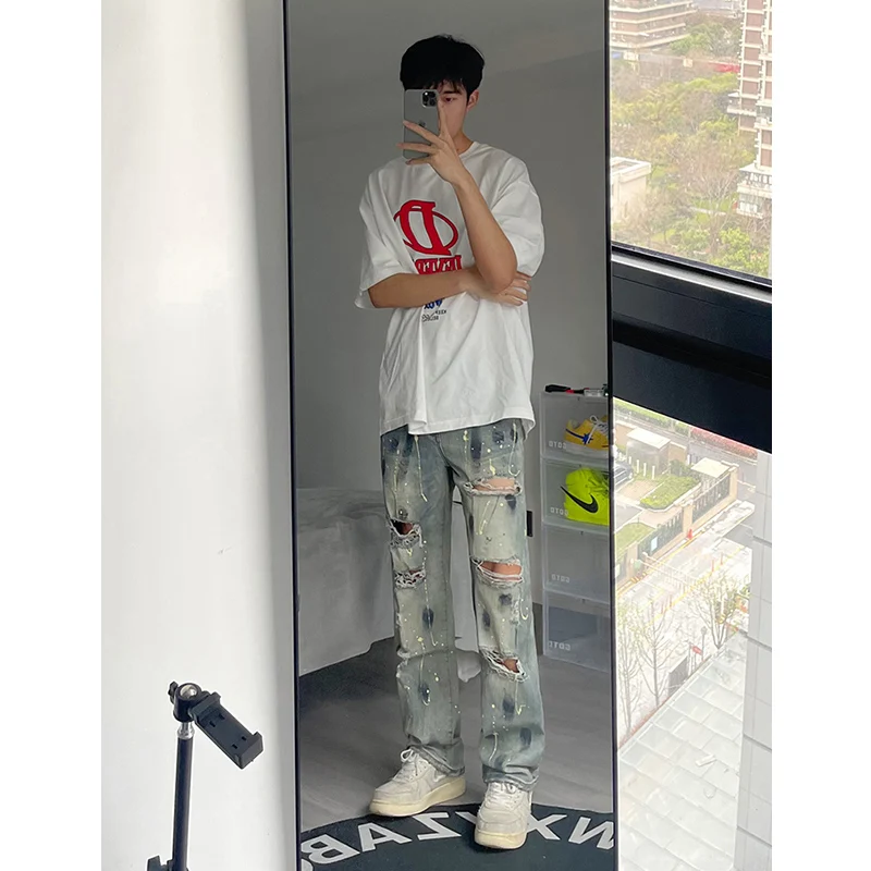 

Мужские летние тонкие повседневные джинсы прямого кроя с рваными элементами, широкие брюки свободного кроя, модная молодежная одежда, средняя посадка, на молнии