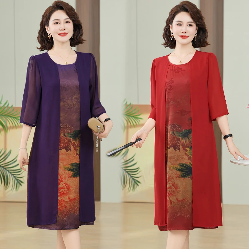 エレガントな夏の女性のクルーネックプリントスプライシングシフォンスリム半袖シフォンフェイクツーピースミッドレングスドレス