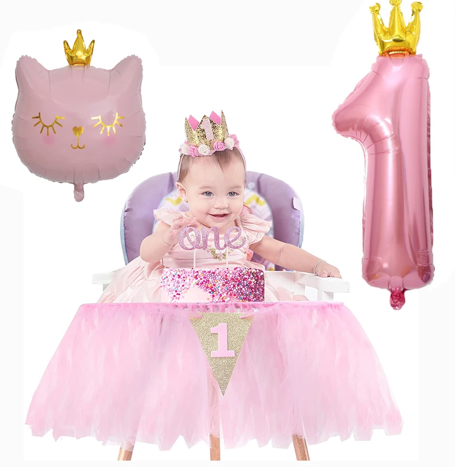 

Baby Girl First Birthday Party Decorations High Chair Tutu Banner Crown cat and number 1 aluminum foil balloon