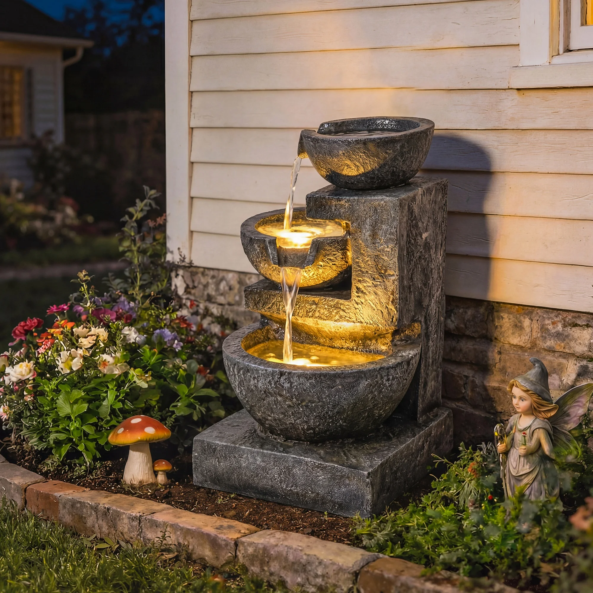 Fontaine décorative LED Outsunny avec pompe, cascade à 3 niveaux, résistante aux intempéries, 40x37x61 cm, multicolore