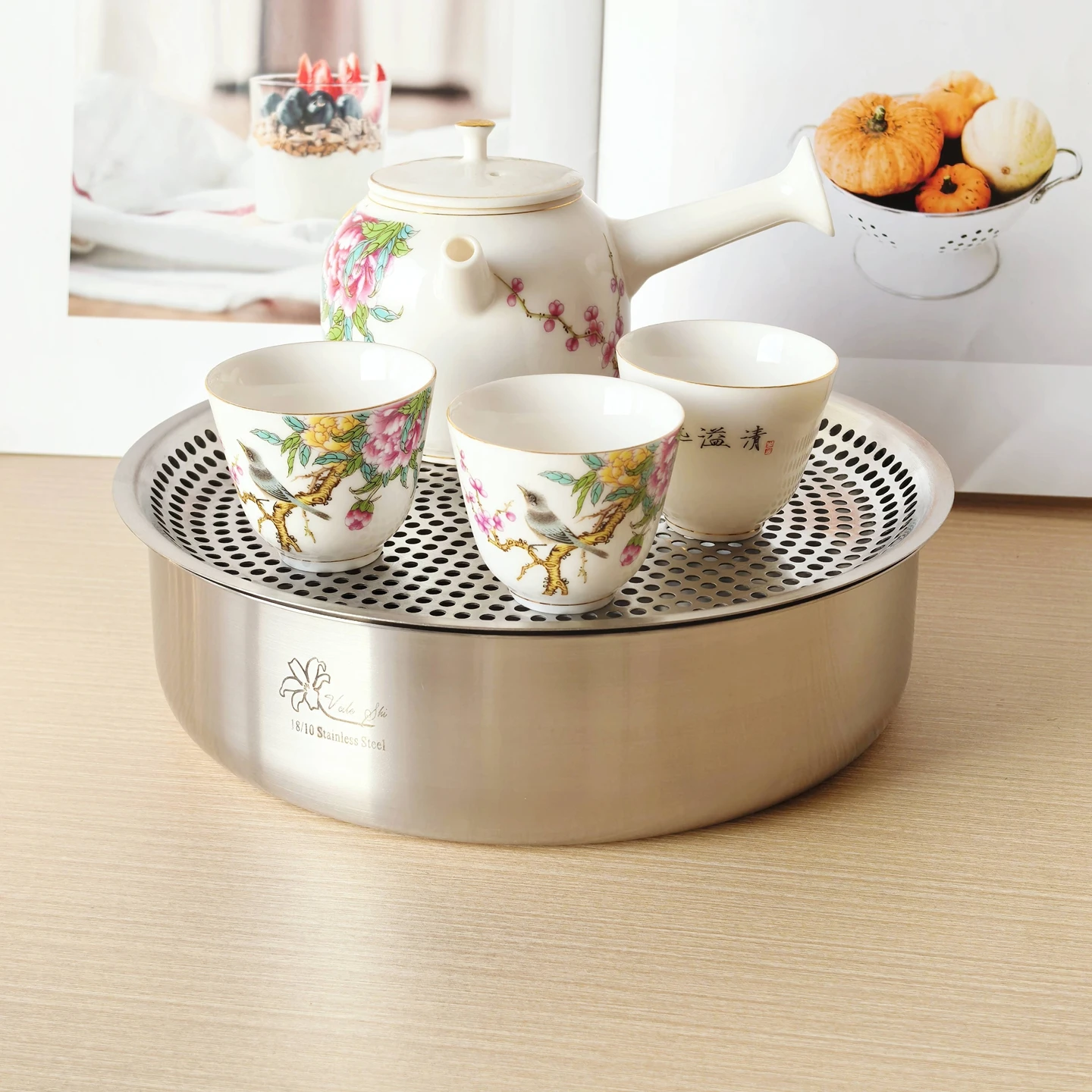 

Chinese Sle 80 Stainl Steel Multi-Function round Hole Plate Tea Tray Home Use Tea Set Storage Plate 20cm
