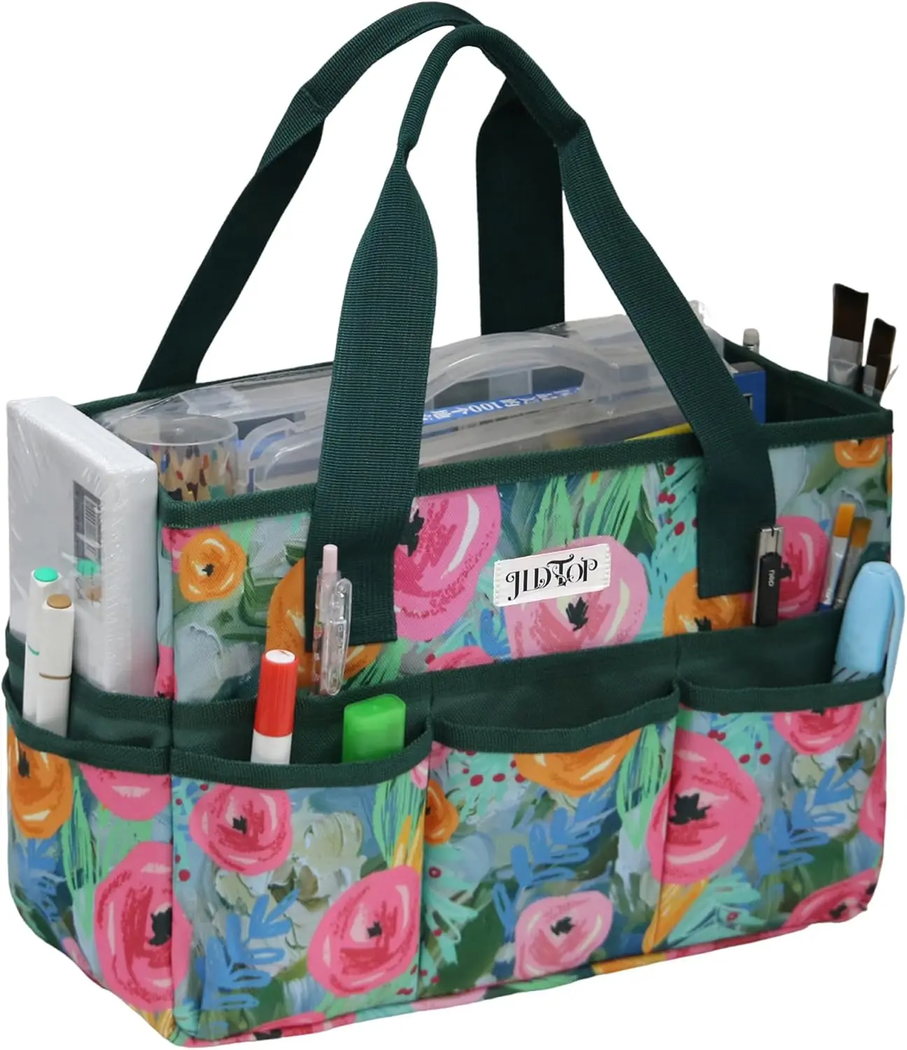 

Craft Organizer Tote Bag Art Caddy with Multi-Pockets for Office Supplies Scrapbooking Sewing Storage（Green Floral）