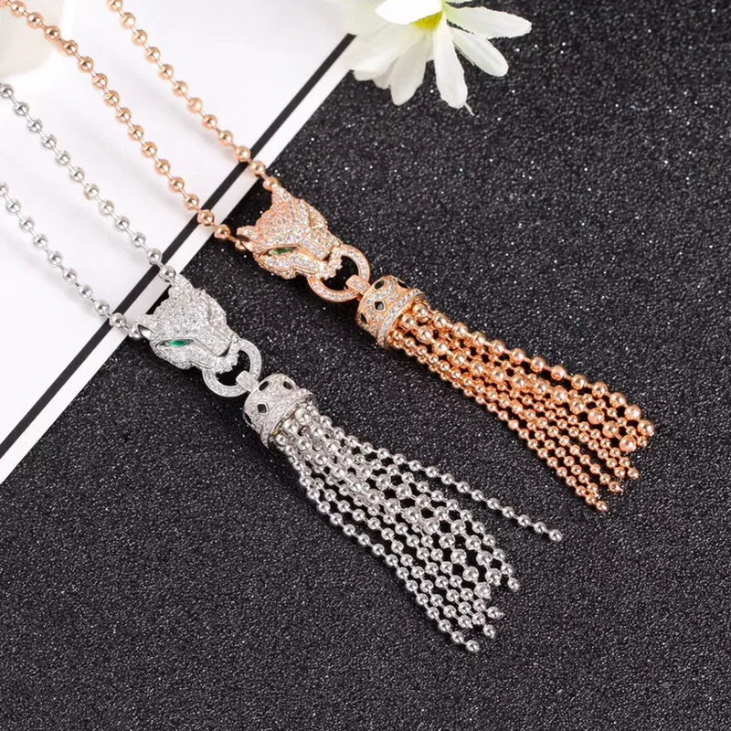 

Europe America Designer Luxury Style Men Women Lady Settings Cubic Zircon Tassels Leopard Head Pendant Beads Chain Long Necklace