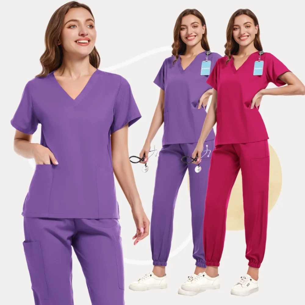 Damski zestaw medyczny do pielęgnacji, 11 kolorów, dekolt w serek, spodnie dresowe, strój dla lekarza, pielęgniarki, do salonu kosmetycznego, kliniki, komplety medyczne.