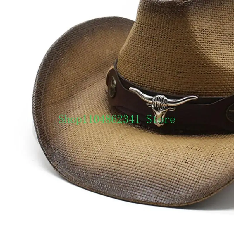 

652F Fashion Cowboy Hat for Women Man Unisex Wide Brims Beach Hat with Belt Breathable Sun Hat Travel Panama Hat