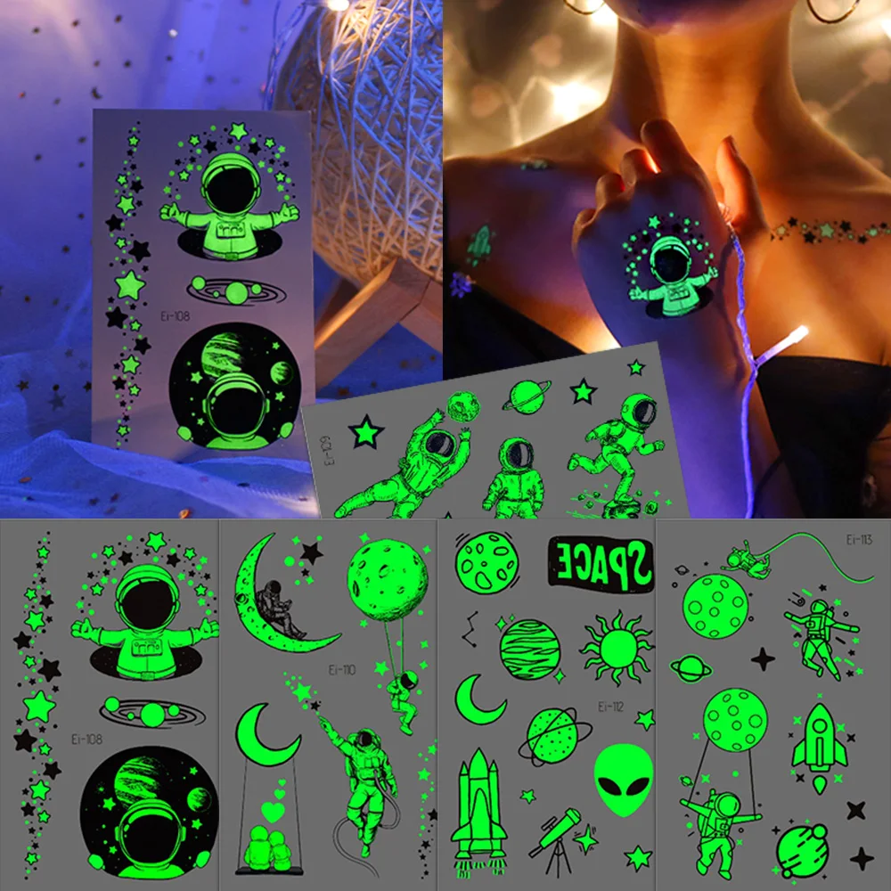 12 Sheets Luminous Astronaut Space Temporary Tattoos, Planet Outer Space Travel Spacecraft Rocketship, Birthday Party Favors