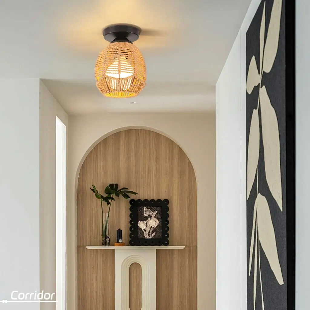 حبل القنب ضوء السقف الثريا المنسوجة يدويا الروطان النسيج مصباح السقف غرفة المعيشة غرفة نوم ديكور المنزل تركيبة إضاءة E27