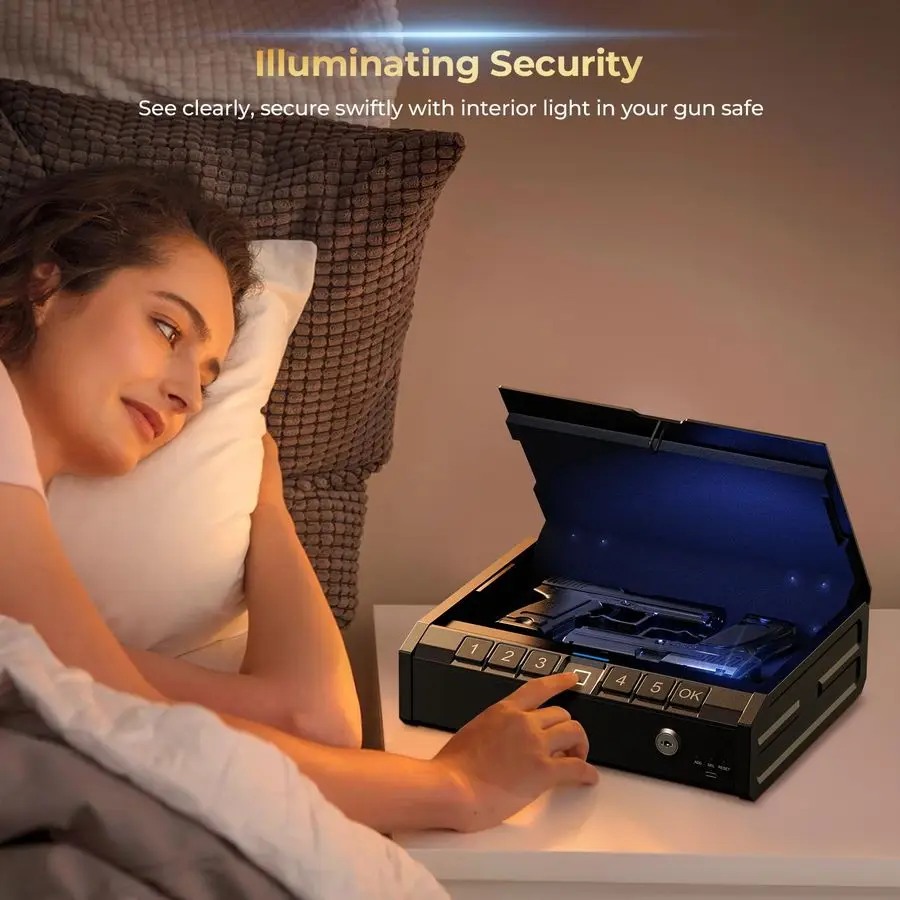 Ferro PRO Cofre biométrico de impressão digital para pistola, caixa de bloqueio de arma de entrada Swift com luz interna e energia de emergência