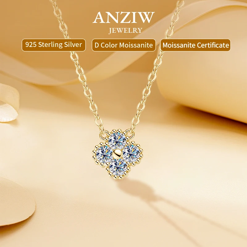 

Lucky 3mm 0.1ct Moissanite Clover Flower Pendant Necklace for Women 100% Silver S925 Adjustable Chain Cute Charm Jewelry Gifts