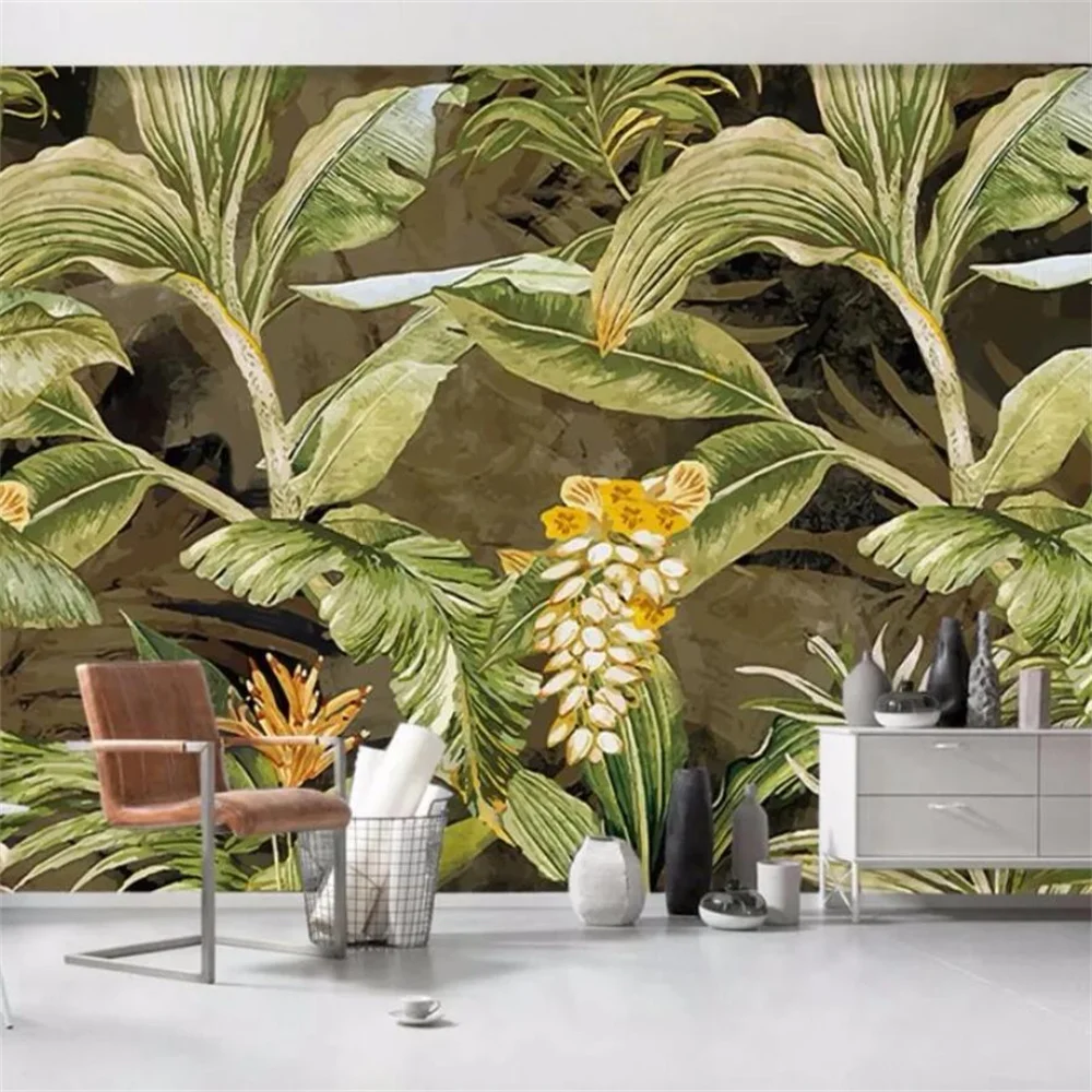 

beibehang Retro tropical rain forest palm banana leaf living room TV backdrop custom wallpaper large mural wall stickers