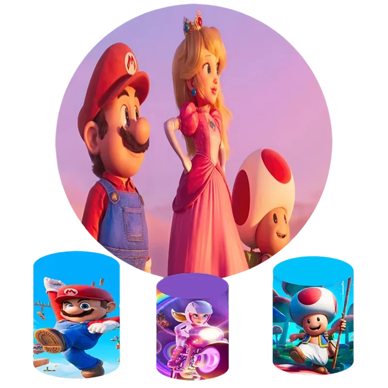 

Super Mario Bros Princess Peach Cylinder Cover Round Backdrop Photo Photography For Background Baby Shower Birthday Party Props